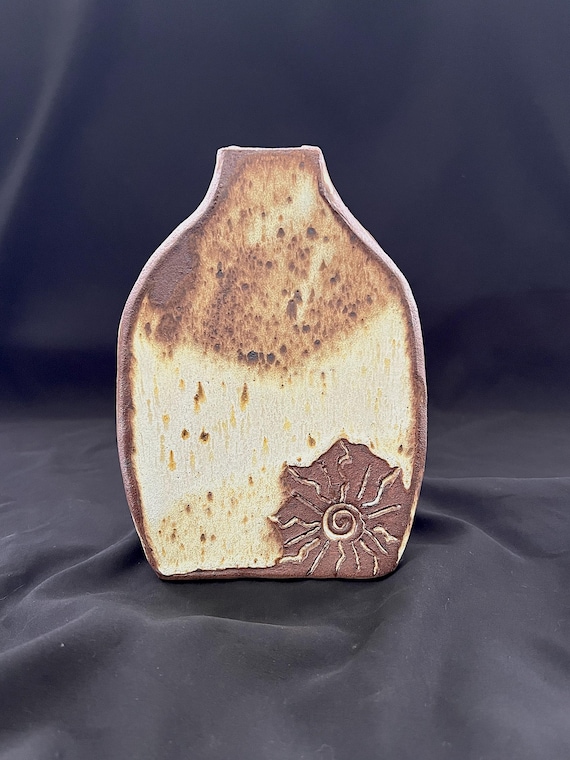 Handmade rustic pottery stoneware vase, sun detail