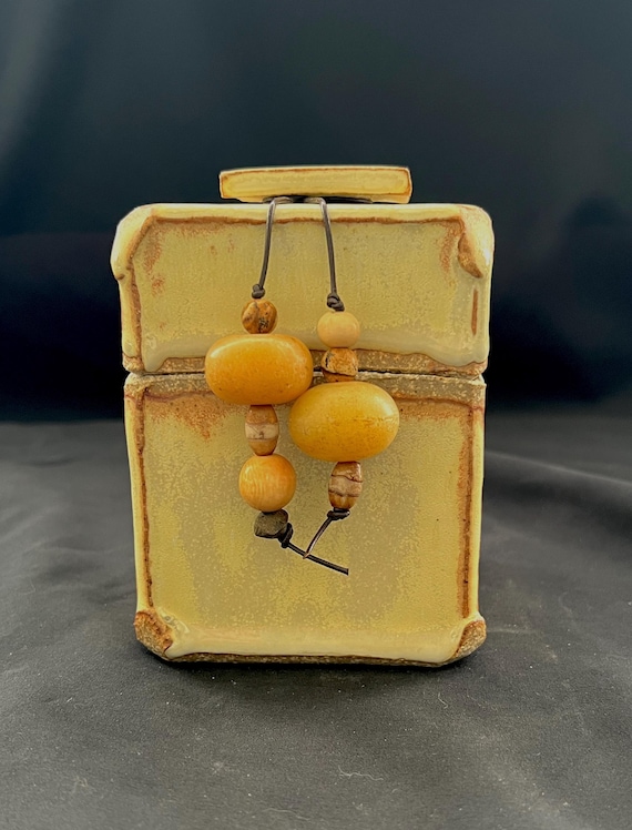 Spirit box, a rustic handmade pottery stoneware box with ethnic beads