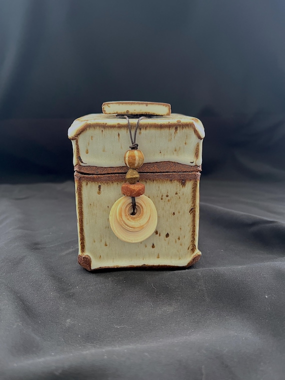Spirit box, a rustic handmade pottery stoneware box with ethnic beads
