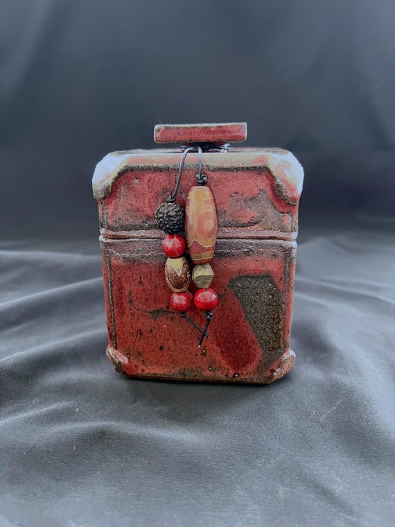 Spirit box, a rustic handmade pottery stoneware box with ethnic beads