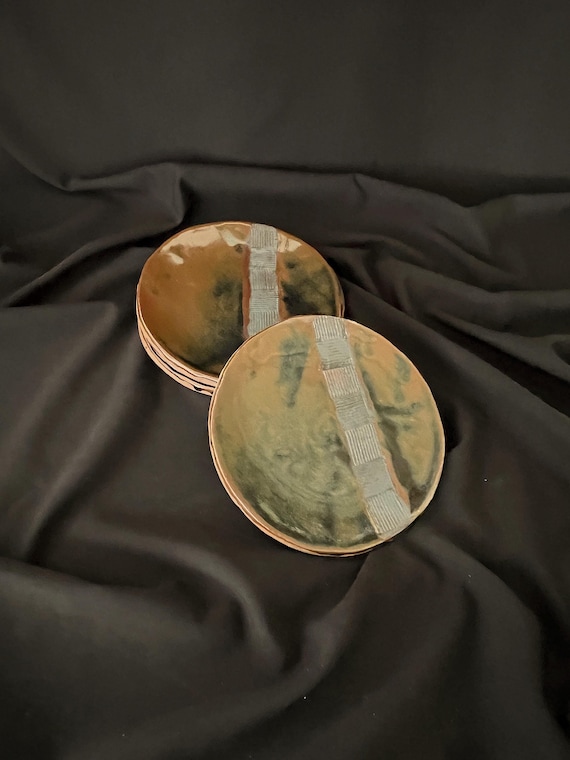 Set of four handmade stoneware dessert or salad plates with basketweave detail