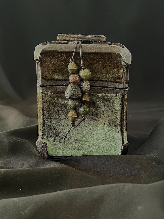 Spirit box, a rustic handmade stoneware box with ethnic beads