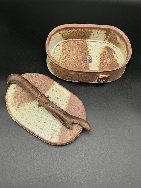 Handmade oval rustic pottery stoneware box with driftwood handle