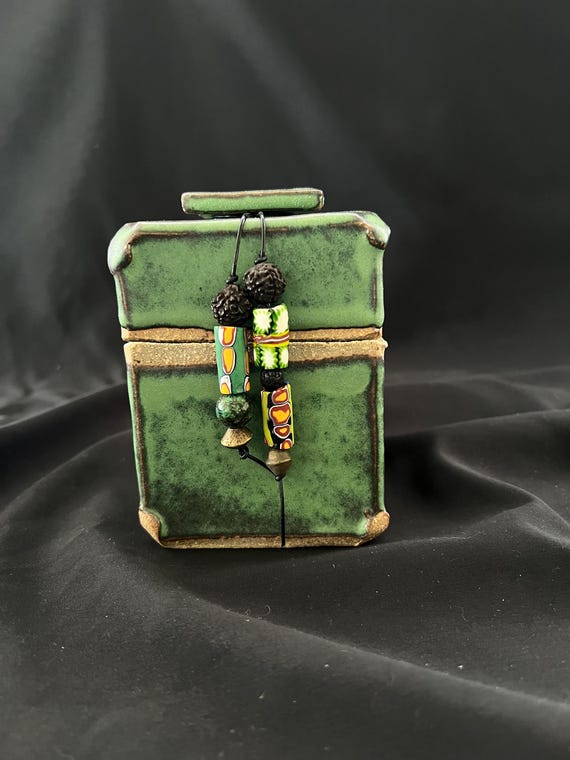 Spirit box, a rustic handmade stoneware box with ethnic beads