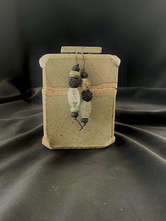 Spirit box, a rustic handmade stoneware box with ethnic beads