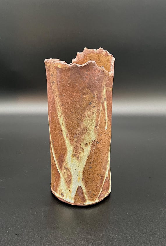 Large rustic handmade pottery stoneware vase with torn edge and drip details