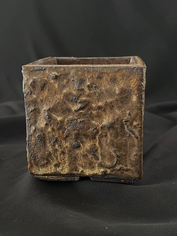 Square handmade textured footed stoneware succulent planter