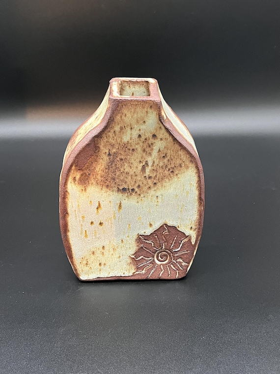 Handmade rustic pottery stoneware vase, sun detail