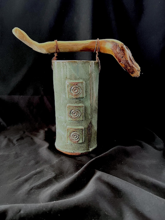 Large handmade pottery stoneware vase with driftwood and spiral medallions