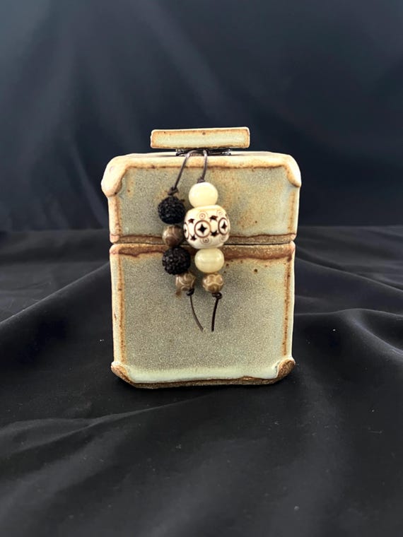 Spirit box, a rustic handmade stoneware box with ethnic beads