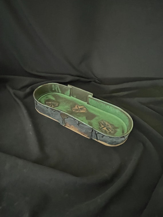 Handmade rustic oval low stoneware bowl or ikebana container with dragonflies