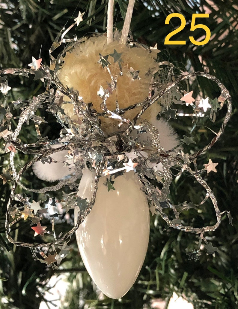 silver and white #25 angel ornament recycled Christmas light bulb