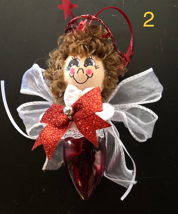 Christmas light bulb recycled red and white # 9 angel ornament