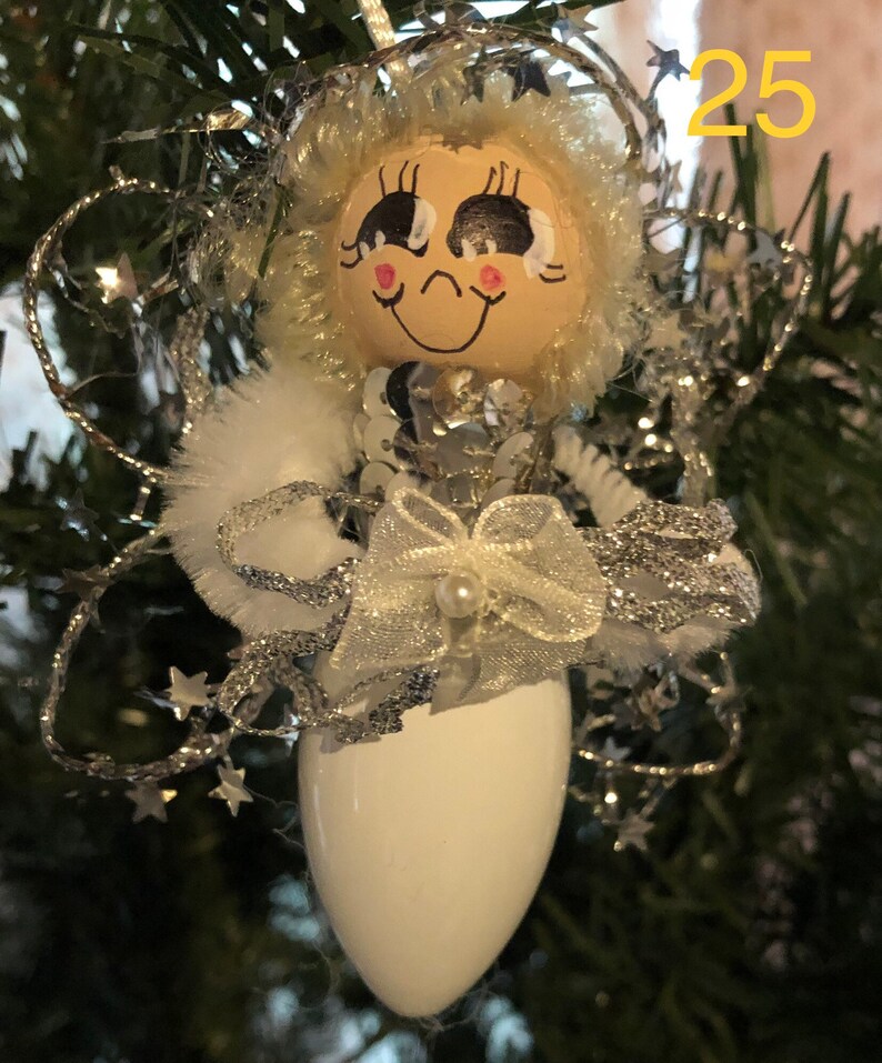 silver and white #25 angel ornament recycled Christmas light bulb
