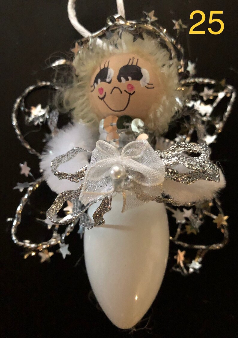 silver and white #25 angel ornament recycled Christmas light bulb