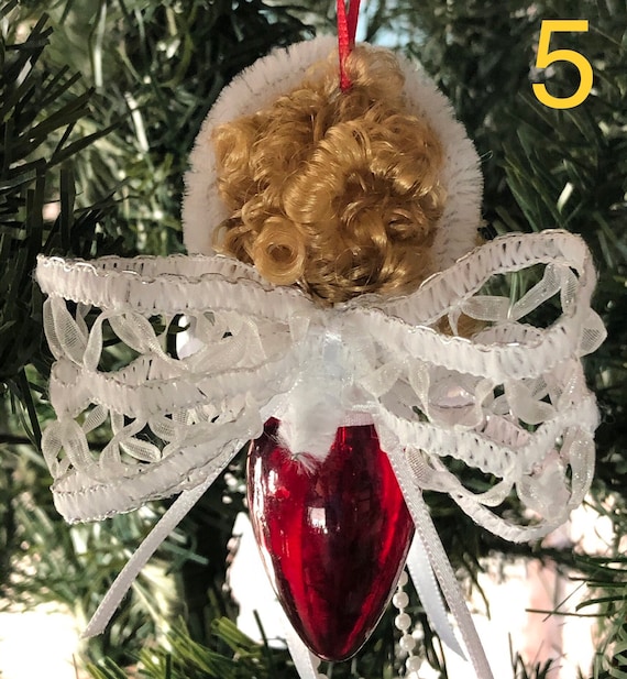 Christmas light bulb recycled red and white # 9 angel ornament