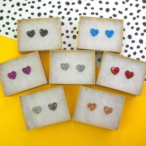 Glitter Heart Stud Earrings // Acrylic Jewellery // Handmade // Gold // Silver // Red // Blue // Purple // Black