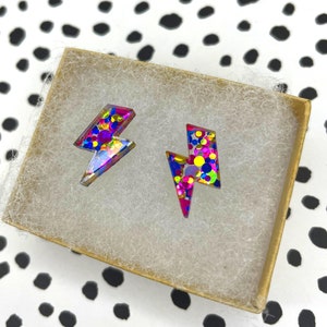 Pink Speckle Glitter Lightning Bolt Stud Earrings // Handmade Acrylic Earrings // Plastic // Lightning