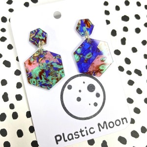 Blue Splatter Hexagon Earrings // Handmade Acrylic Earrings // Handmade // Gift // Stud // Drop