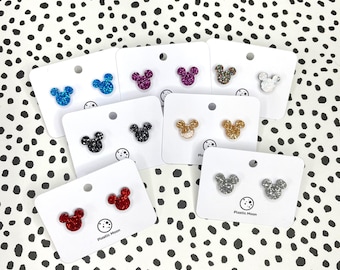 Glitter Mickey Mouse Stud Earrings: Handmade Acrylic Jewelry