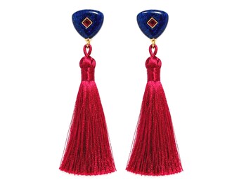 Dumortierite Red Silk Tassel Earrings, Handmade