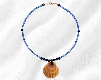 Vintage Blue Agate Lapis Scallop Shell Pendant Necklace