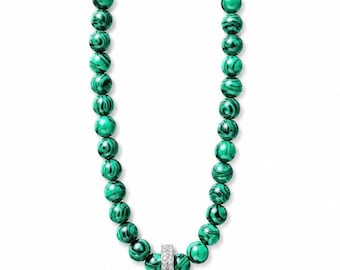 Malachite Bead Necklace, Sterling Silver Crystal Pendant