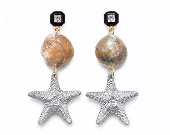 Starfish Jingle Shell Earrings, Montauk Drops, Crystal Studs