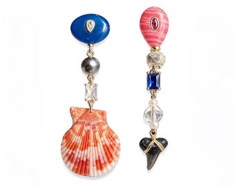 Asymmetric Shark Tooth Earrings, Gold Plated Crystal Pearl