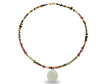 Watermelon Tourmaline Jade Pendant Necklace, Boho Gemstone