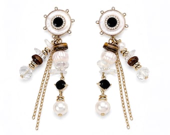 Pearl Drop Chandelier Earrings, Tiger Eye Quartz, Gold Fringe
