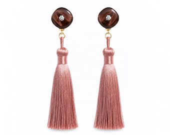 Tiger's Eye Gold Tassel Earrings, Crystal Accents, Boho