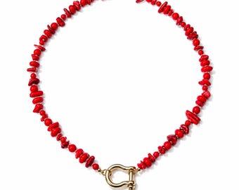 Red Coral Tanzanite Choker Necklace, Brushed Brass Clasp