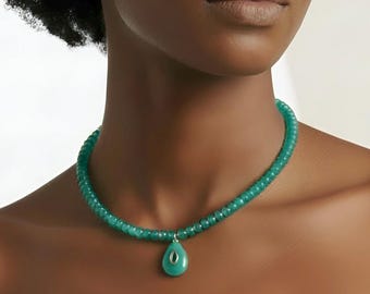 Green Chalcedony Teardrop Pendant Necklace, Gold Plated