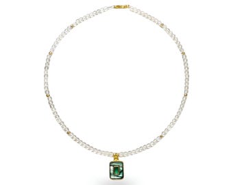 Abalone Shell Necklace, Green Crystal Beads, Gold Plated