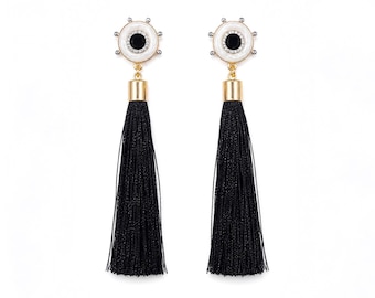 Black Silk Tassel Earrings, Pearl Crystal Statement Drops