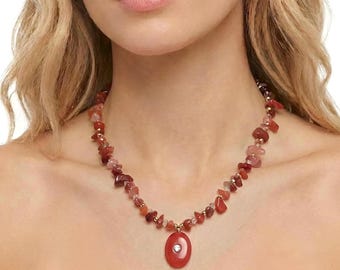 Carnelian Agate Necklace, Gold Faceted Crystal Pendant