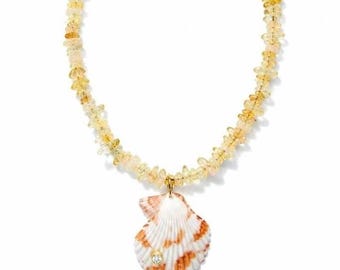 Citrine Chip Scallop Shell Pendant Necklace, Gold Plated