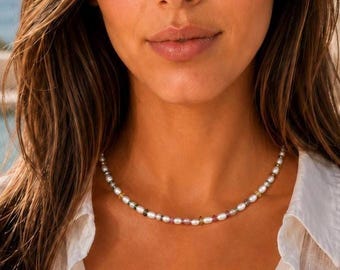 Vintage Rice Pearl Watermelon Tourmaline Necklace, Gold Clasp