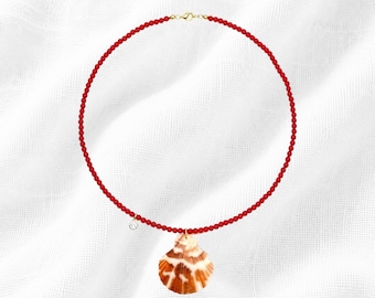 Vintage Red Coral Scallop Shell Pendant Necklace, Bohemian