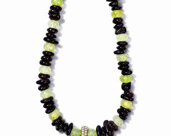 Hand-Strung Garnet Jade Necklace, Gold Crystal Accent 16 Inch
