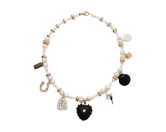 Pearl Lucky Charm Necklace, Heart Star Dice, Gold Plated