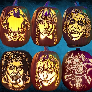 May include: Six carved pumpkins with illuminated faces. The pumpkins feature iconic characters, including a clown, a girl with braids, and a man with a painted face. The pumpkins are dark orange with green stems.
