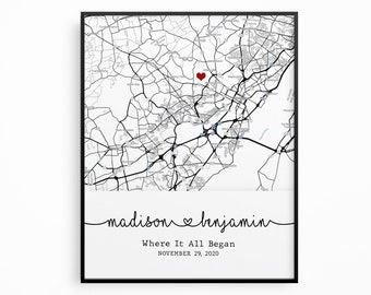 Impresión "Donde empezó todo" - Impresión de mapa de compromiso - Póster de mapa personalizado - Arte mural de mapas - Regalo de compromiso para pareja - Impresión de mapa personalizada