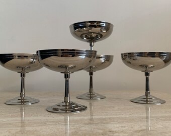 Letang Remy set van 5 inox coupes Franse vintage 18/10 roestvrij staal ijsbekers / dessertkommen / champagne coupes op voet glanzend RVS