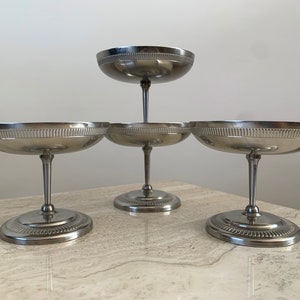 Jean Couzon set of 4 stainless steel coupes French vintage 18/10 stainless steel ice cream cups / dessert bowls / champagne coupes on brushed stainless steel feet image 1