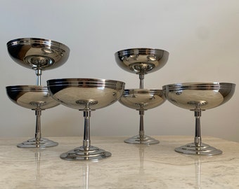 Letang Remy set of 6 stainless steel coupes French vintage 18/10 stainless steel ice cream cups / dessert bowls / champagne coupes on foot glossy stainless steel