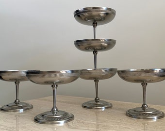 Jean Couzon Inox coupes set van 6 Franse vintage 18/10 roestvrij staal ijsbekers / dessertkommen / champagne coupes op voet geborsteld RVS