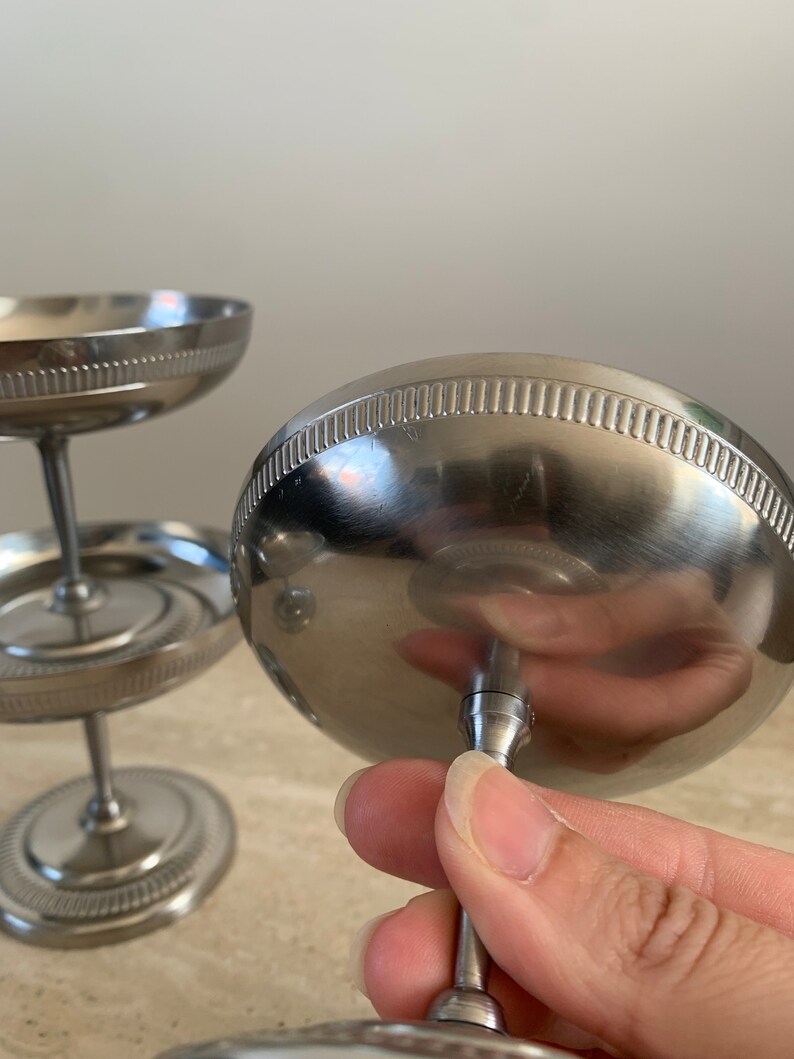 Jean Couzon set of 4 stainless steel coupes French vintage 18/10 stainless steel ice cream cups / dessert bowls / champagne coupes on brushed stainless steel feet image 6