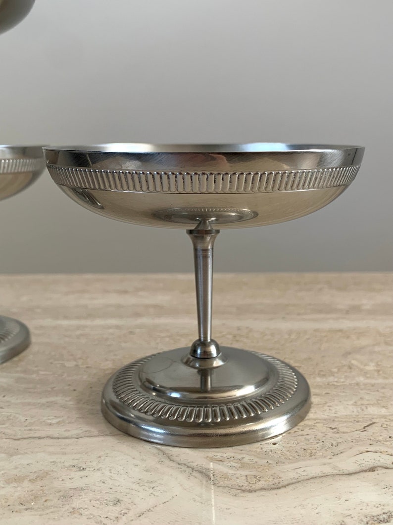 Jean Couzon set of 4 stainless steel coupes French vintage 18/10 stainless steel ice cream cups / dessert bowls / champagne coupes on brushed stainless steel feet image 5